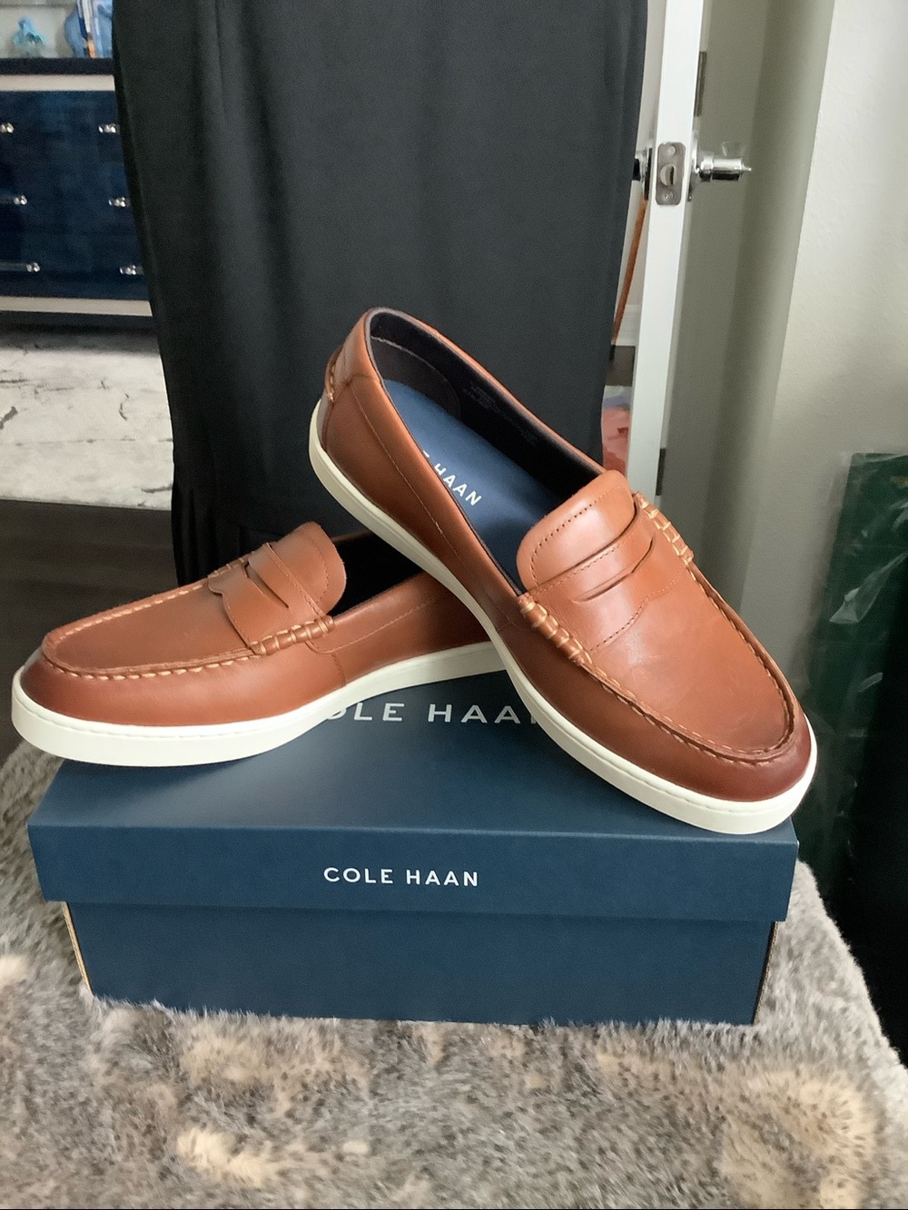 Cole Haan British tan Leather Slip-On Penny Loafers with White Sole